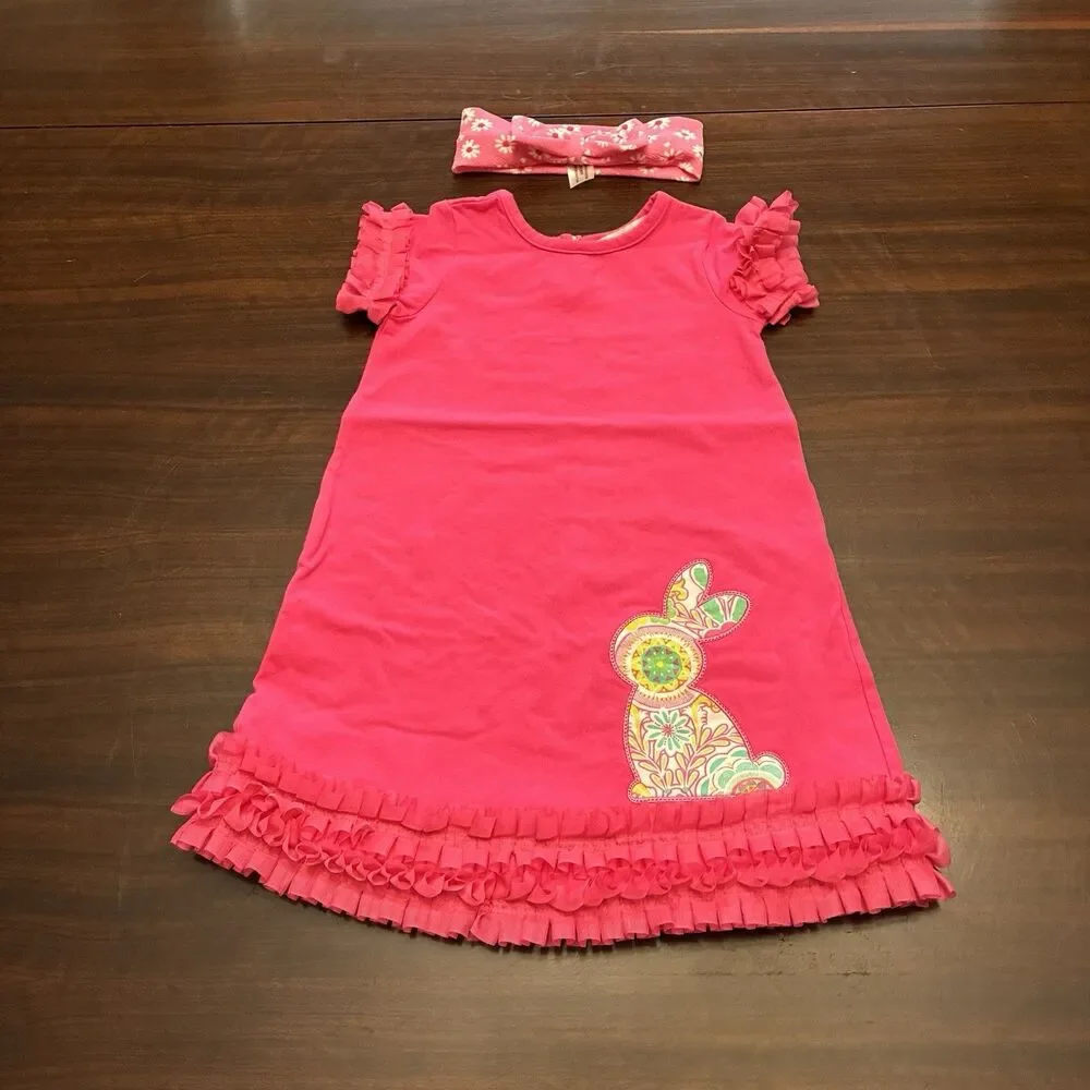 Just Blanks Pink Dressed W/ Bunny Rabbit And Daisy Hair Bow band. Ruffle 18 Mths